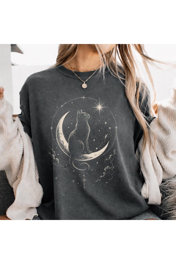 Celestial Cat Moon T-Shirt, Vintage Black Cat Graphic Tee, Cosmic Starry Night Top, Graphite S