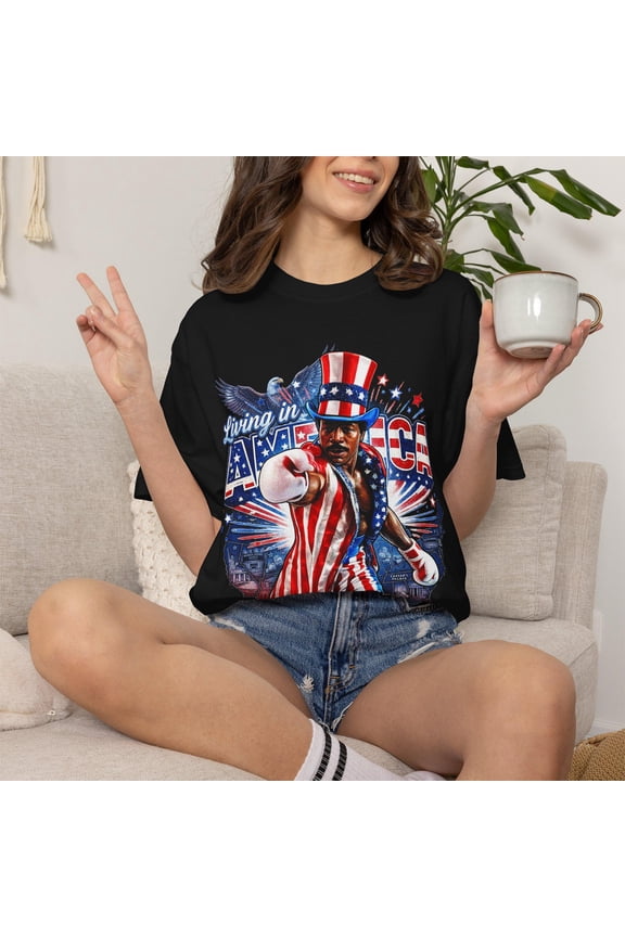 Comfort Colors Apollo Creed Living In America Shirt, Patriotic Boxing Fourth Of July Vintage America T-Shirt, Retro USA Fighter Shirt, Denim S