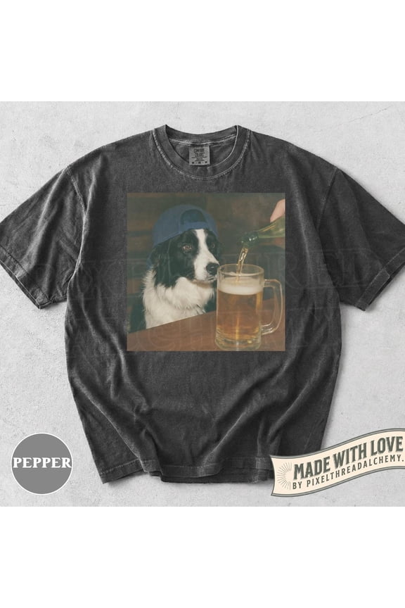 Comfort Colors® Border Collie Drinking Beer Shirt Novelty Meme Graphic Tee Funny Dog Gift Men Women T-Shirt, Chambray L