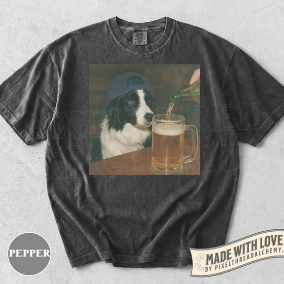 KnuxTee Comfort ColorsĀ® Border Collie Drinking Beer Shirt Novelty Meme Graphic Tee Funny Dog Gift Men Women T-Shirt, Chambray L