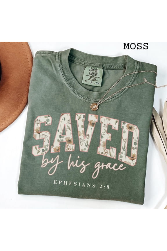 Comfort Colors Saved By Grace Bible Verse Shirt, Boho Cute Christian Shirt For Women,Trendy Shirts Jesus Shirt,Christian Gift For Daughter, Blue Jean S