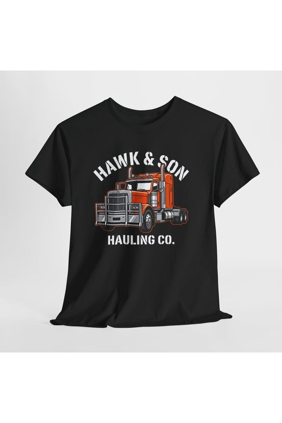 Hawk and Son Hauling Company Truck Tee, Orange Semi Truck Graphic, Big Rig, 2 Side Hawk Son Hauling Co., Navy 2XL