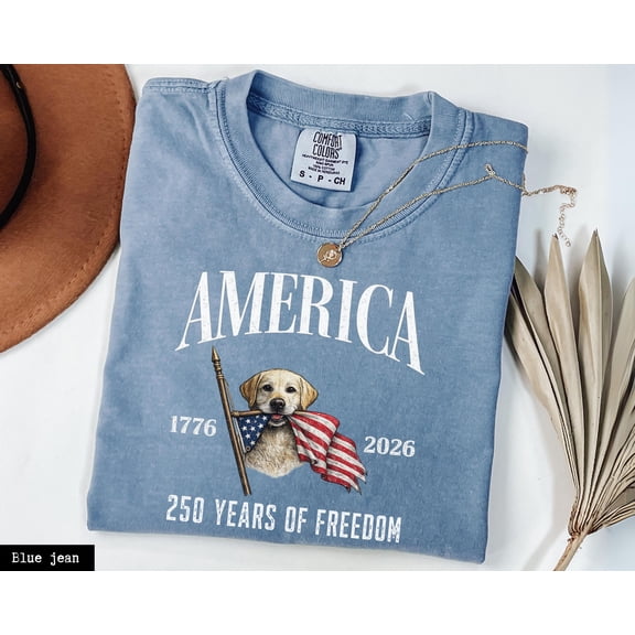 KnuxTee Patriotic Labrador Shirt, America 250 Years of Freedom Tee, 4th of July Dog Lover Shirt, USA Flagg Lab Tee, Blue Jean S