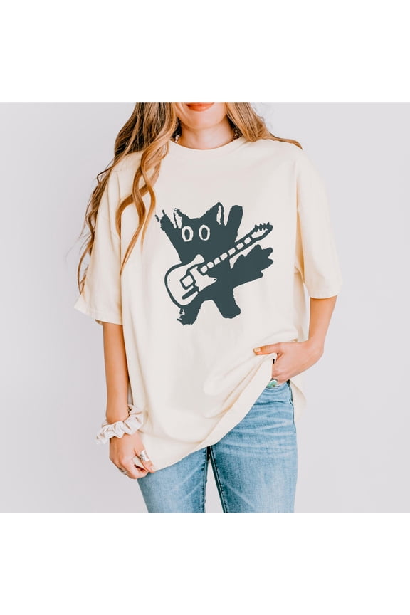 Rockstar Cat Shirt, Grunge Punk Band Tee Aesthetic, Abstract Guitar Comfort Colors, Indie Music Lover Gift, Quirky Animal Graphic, Moss XL
