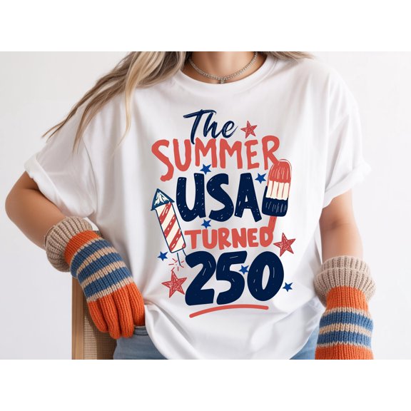 KnuxTee USA Turned 250 Patriotic Shirt, Retro 4th of July Popsicle Tee, White M