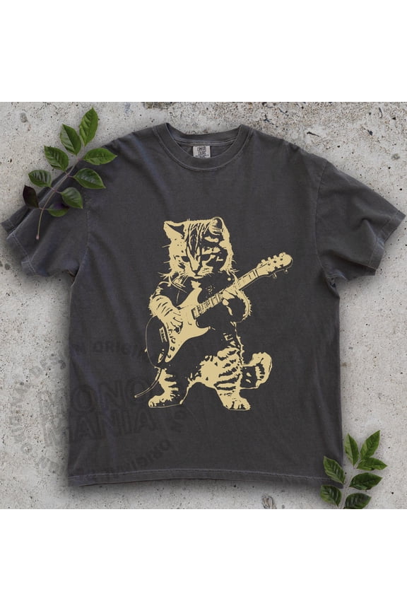 Y2K Grunge Cat Shirt, Kitten t-shirt – Alt Punk Goth Tee, 90s Emo Rocker Band TShirt, Indie Cat Guitar Rockstar, Graphite S