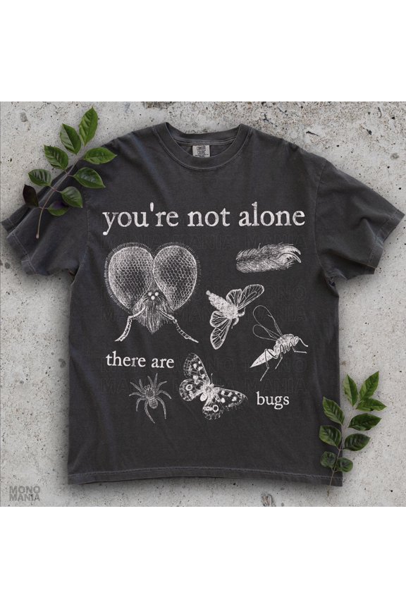 You're Not Alone There Are Bugs Shirt, Vintage Insect Graphic Tee, Gothic Entomology Spider Moth Beetle Top, Black XL