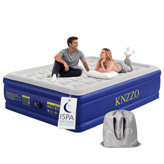 Knzzo Queen Air Mattress with Built-In Pump, 18-Inch Raised Air Bed for Guests, Home and Travel, Blue