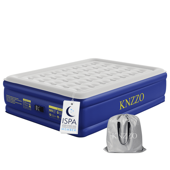 Knzzo Queen Air Mattress with Built-In Pump, 18-Inch Raised Air Bed for Guests, Home and Travel, Blue