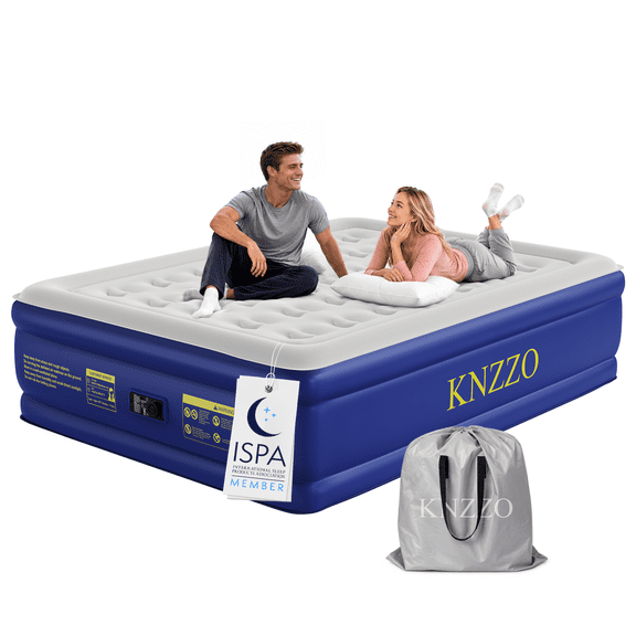 Knzzo Queen Air Mattress with Built-In Pump, 18-Inch Raised Air Bed for Guests, Home and Travel, Blue
