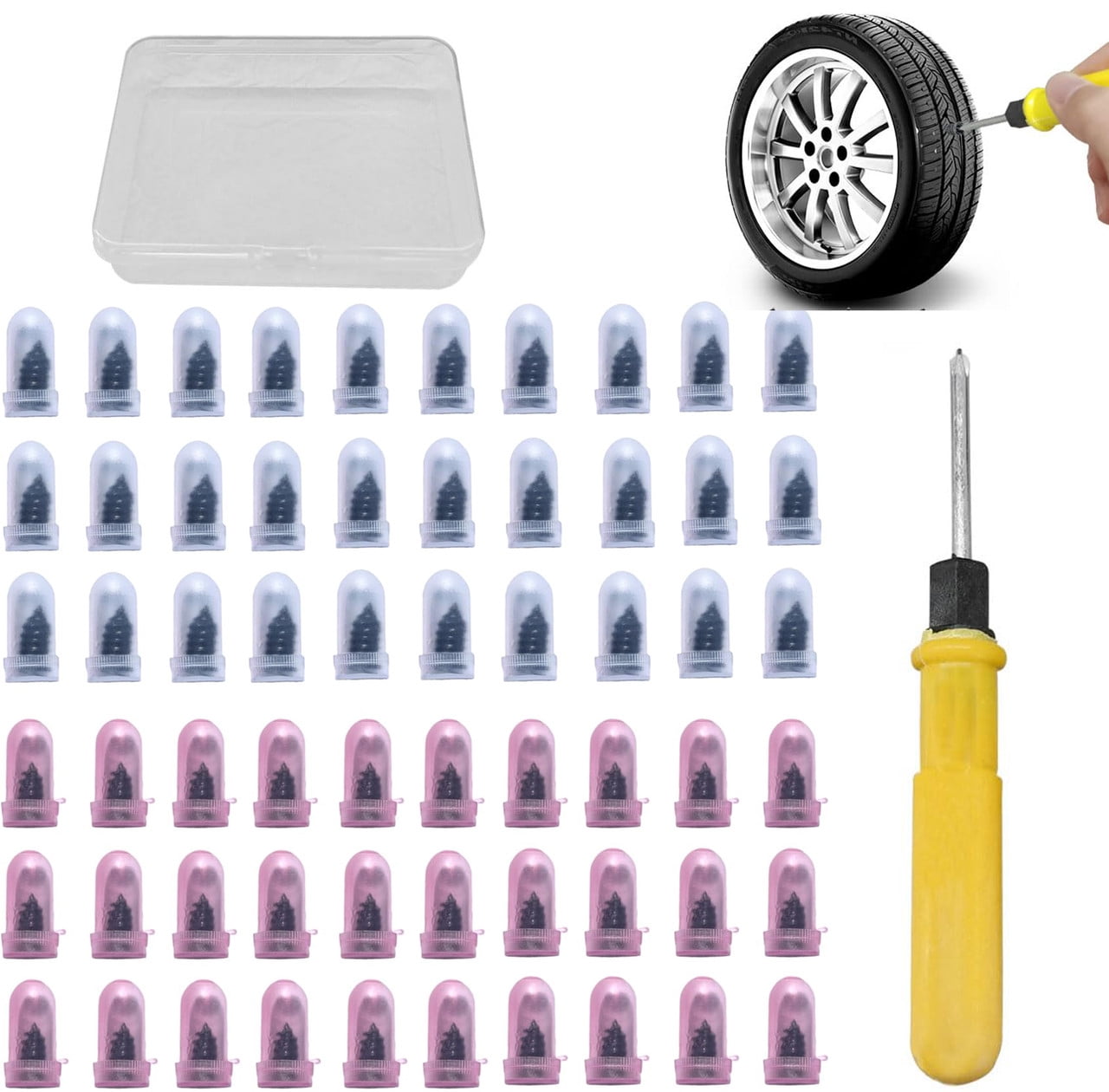 60-Piece Tire Repair Nail & Screwdriver Kit – Rubber Screw Nails For Cars, Bikes, Trucks