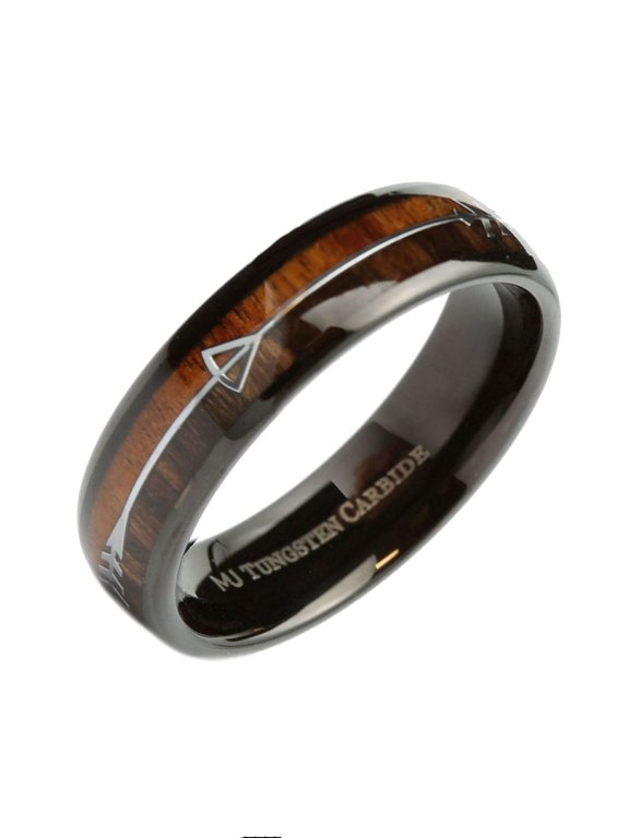 Koa & Pear Wood in Black Plated Tungsten Carbide Arrow Wedding Ring 6mm