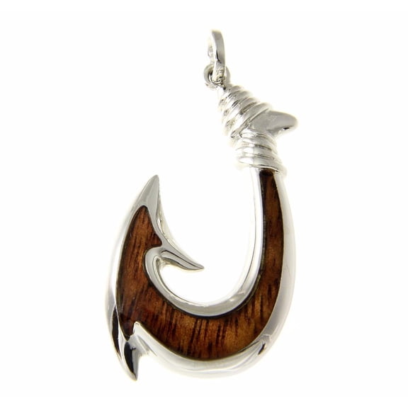 Koa Wood Hawaiian Wave Fish Hook Rhodium Silver Plated Brass Reversible Pendant