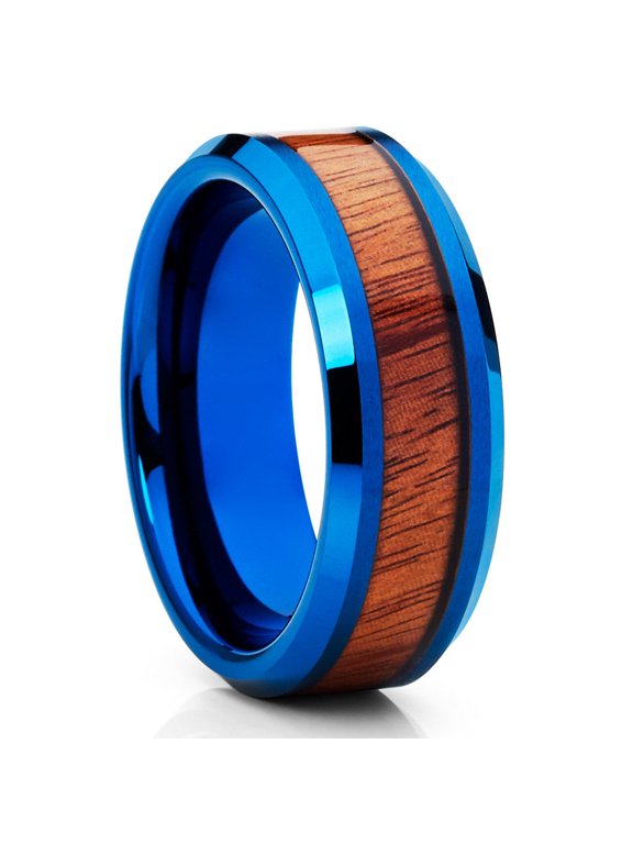 Koa Wood Wedding Ring,8mm Wedding Ring,Blue Tungsten Ring,Engagement Ring,Anniversary Ring,Comfort Fit