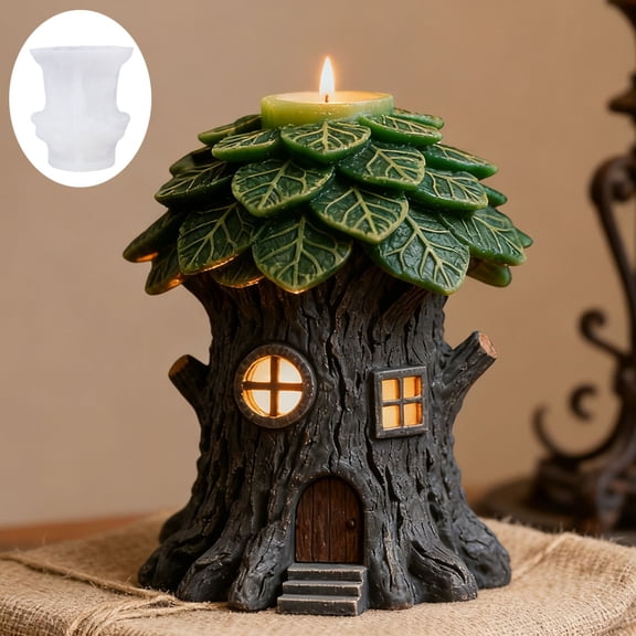 Koadzawe 1Pc Silicone Candle Mold, Tree House Design with Windows And Door, Fairy Garden Theme,Holiday Silicone Tree Cabin Shape Silicone for Making Soap Home Decoration Christmas