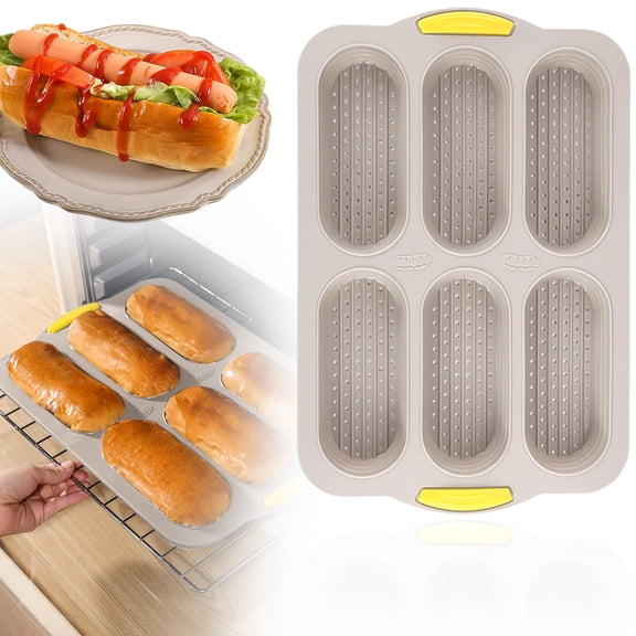 Koadzawe 6-Cavity Silicone Baguette Bread Pan, Non-Stick French Bread & Hot Dog Bun Mold, Foldable Loaf Pan Baking Tool for Homemade Rolls, Dishwasher Safe,Easy Release, Local Stock- 1 Pc/14.8"X9.65"