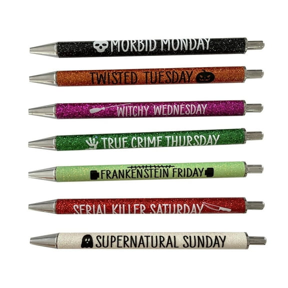 Koadzawe 7 Pieces Funny Pens For Work Black Ink Nursing Appreciation Gifts Ballpoint Pens Bulk For Nurse Doctor Teachers Students Women Men,Halloween Weekday Glitter Pen,Appreciation Gifts