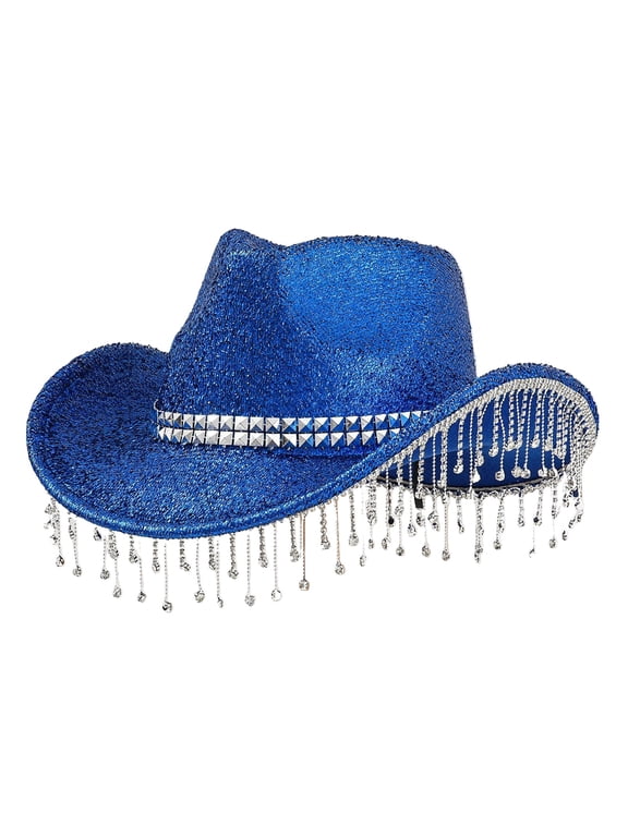 Cowboy Hat for Women Glitter Fringe Cowboy Hat with Sparkling Woven Style Western Cowgirl Hat for Rodeo Concert Festival Party Costume and Country Outfit Styling Blue One Size