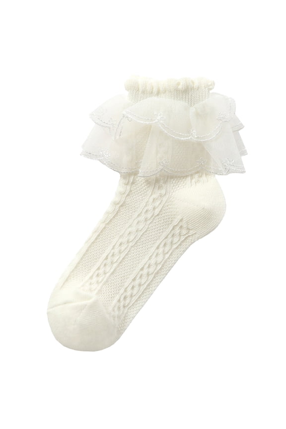 Lace Ankle Socks for Women Soft Knit Socks with Ruffle Lace Cuff and Textured Openwork Detail Cute Frilly Crew Socks for Casual Shoes and Everyday Wear Beige L