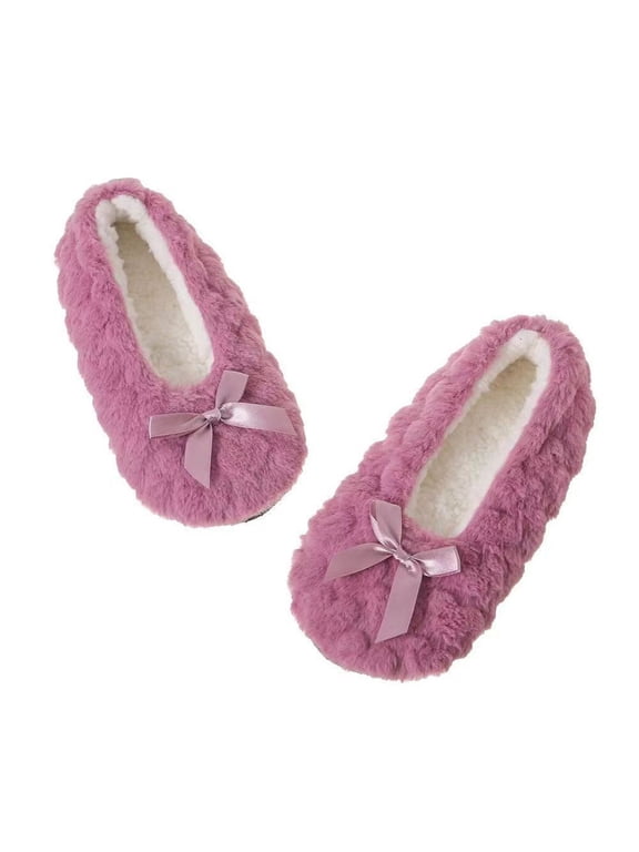 Slipper Socks for Women Fuzzy Plush House Slippers with Soft Lining and Bow Detail Cozy Warm Indoor Footies for Winter Home Lounging and Sleeping Purple A