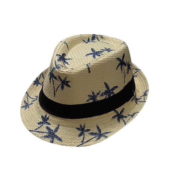 Koadzawe Unisex Straw Panama Hat Palm Tree Print Fedora Summer Beach Sun Cap Short Brim Jazz Hat Tropical Holiday Travel Poolside Woven Headwear UV Sun Protection Casual Styling Trilby GearBeige