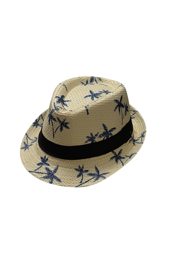 Unisex Straw Panama Hat Palm Tree Print Fedora Summer Beach Sun Cap Short Brim Jazz Hat Tropical Holiday Travel Poolside Woven Headwear UV Sun Protection Casual Styling Trilby GearBeige