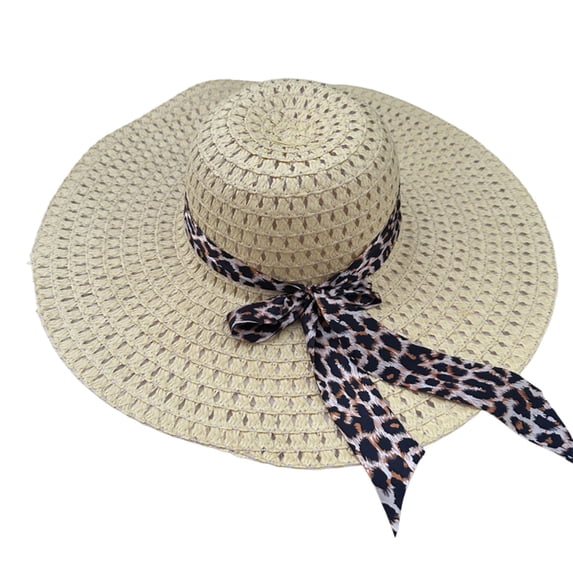 Koadzawe Women Straw Hat Wide Brim Floppy Sun Cap Summer Beach Leopard Print Ribbon Bow Breathable Woven UV Protection Travel Holiday Packable Panama Elegant Ladies Fedora Outdoor BonnetLight Yellow