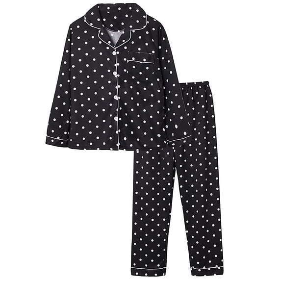 Koadzawe Women's 2 Piece Pajama Set Long Sleeve Button Down Shirt and Long Pants Polka Dot Print Sleepwear Soft Comfortable Loungewear Classic Pjs Set Nightwear with Pocket Black L