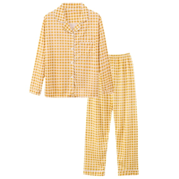 Koadzawe Women's 2 Piece Pajama Set Long Sleeve Button Down Shirt and Long Pants Polka Dot Print Sleepwear Soft Comfortable Loungewear Classic Pjs Set Nightwear with Pocket Yellow L