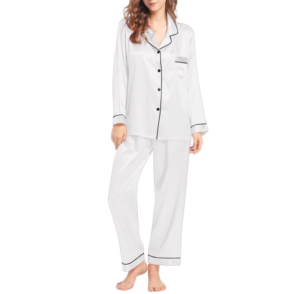 Koadzawe Women's 2 Piece Pajama Set Satin Classic Sleepwear Long Sleeve Button Down Shirt and Long Pants Silk Feel Loungewear Elegant Pjs Nightwear with Pocket White M
