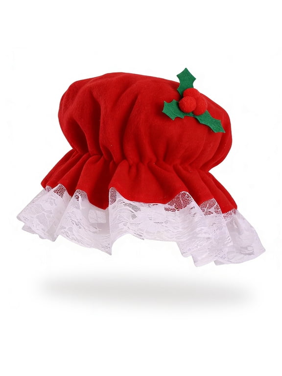 Women's Christmas Mrs Claus Bonnet Red Velvet Mob Cap with White Lace Ruffle Trim Holly Berry Decor Vintage Holiday Costume Hat for Xmas Party Favors Red One Size