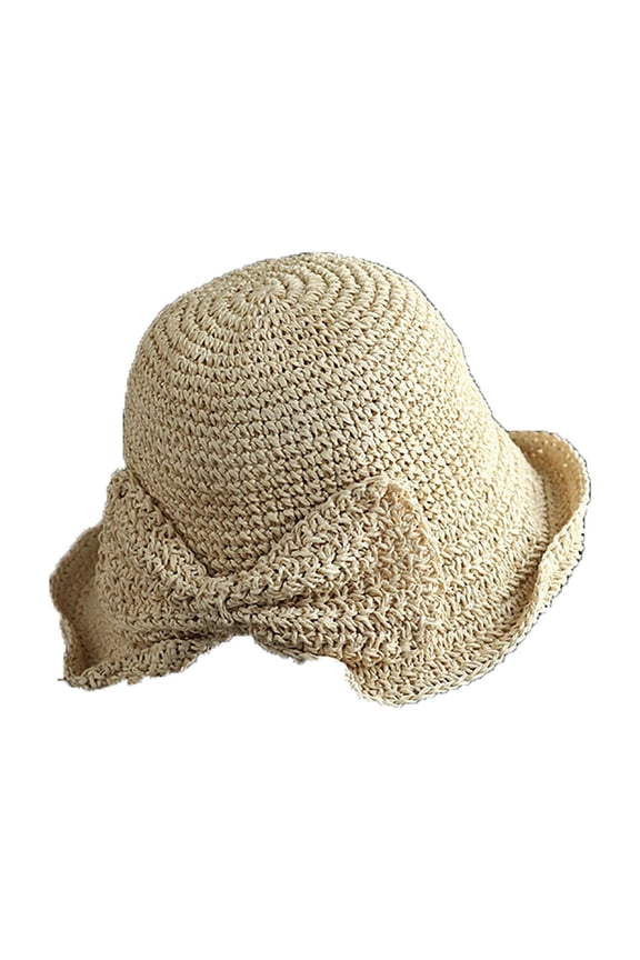 Women's Crochet Straw Sun Hat, Foldable Cloche Bucket Cap with Woven Bowknot Accent, Packable Floppy Beach Hat for Summer Vacation, Travel, and Outdoor Wear Beige A