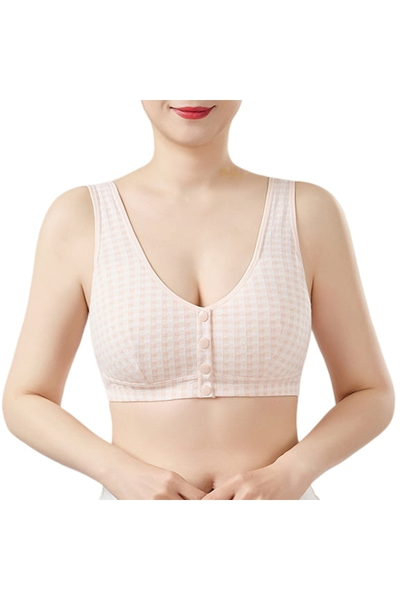 Women's Front Button Wireless Bra Supportive Checkered Plunge Brassiere Comfort Wide Straps No Underwire Bralette Smooth Anti-Chafing Underwear Top for Ladies Pink 38