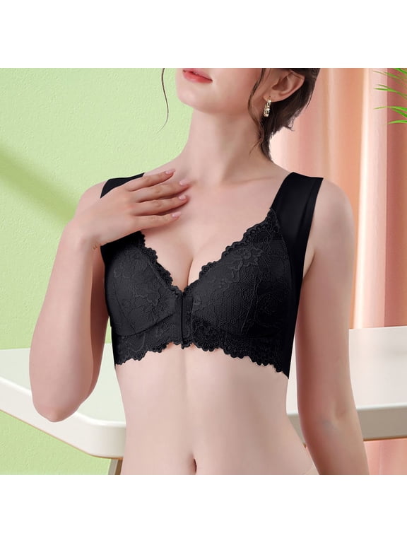 Women's Front Closure Bra, Wireless Full Coverage Longline Bra with Wide Straps, Lace Trim, Supportive Back Smoothing and Easy Snap Front Comfort for Everyday Wear Black 6XL