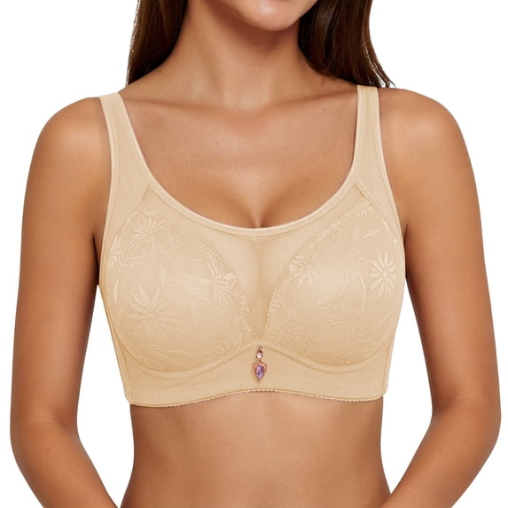 Koadzawe Women's Full Coverage Support Bra, Wireless Floral Jacquard Bra with Mesh Panel, Wide Straps and Soft Cups for Everyday Comfort, Light Support and All Day Wear Beige L