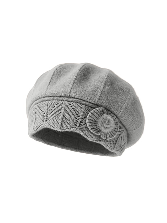 Women's Knit Beret Hat French Style Winter Warm Slouchy Beanie Hat with Crochet Flower Applique Soft Stretch Vintage Beret Cap for Fall Winter Daily Wear Grey One Size
