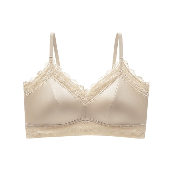 Koadzawe Women's Lace Trim Bralette, Wireless Soft Cup Bra with Adjustable Spaghetti Straps, V Neck Seamless Comfort Bralette for Everyday Wear, Sleep, Lounge and Layering Khaki 3XL