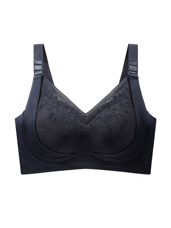 Women's Lace Trim Wireless Bra Seamless High Side Wings Minimizer Bralette Full Coverage Soft Support Comfort Lifting No Underwire Everyday Underwear Top Black 34