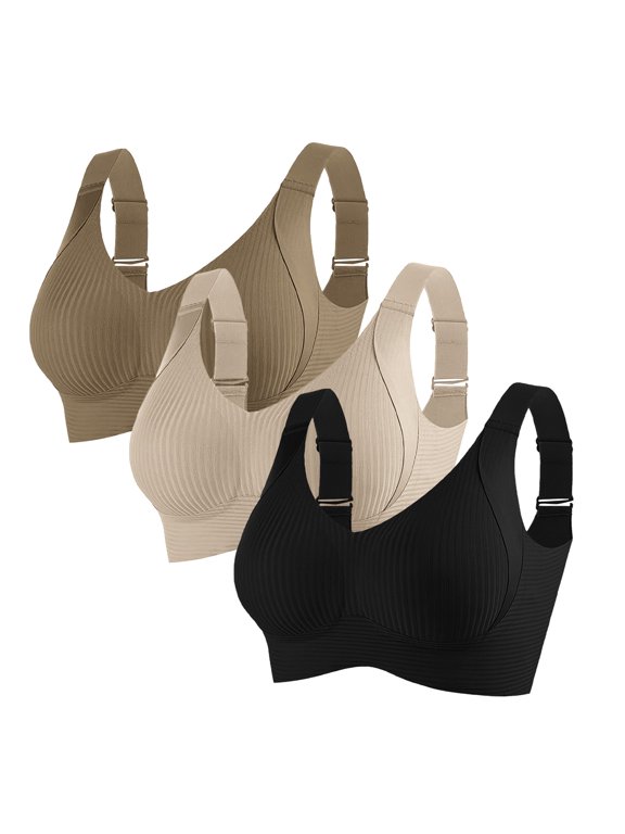 Women's Ribbed Wireless Bra Pack Plus Size Adjustable Wide Straps Comfort Removable Pads Elastic Sleep Bralette Seamless No Underwire Brassiere Multipack Top E XL