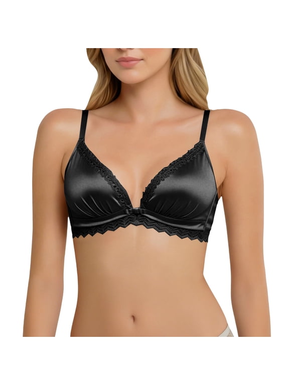 Women's Satin Lace Bralette Wireless Triangle Cups with Adjustable Spaghetti Straps and Bow Accent Scalloped Trim Silky Sleep Bra for Comfortable Lounge Wear Black 70AB