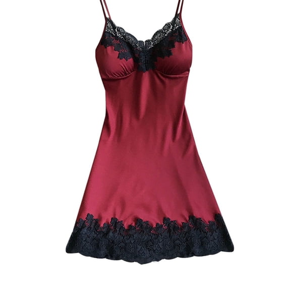 Koadzawe Women's Satin Nightgown V-Neck Slip Dress with Scalloped Lace Trim Sleeveless Spaghetti Strap Sleepwear Silk Feel Loungewear Elegant Nightwear Casual Sleep Dress Wine 2XL
