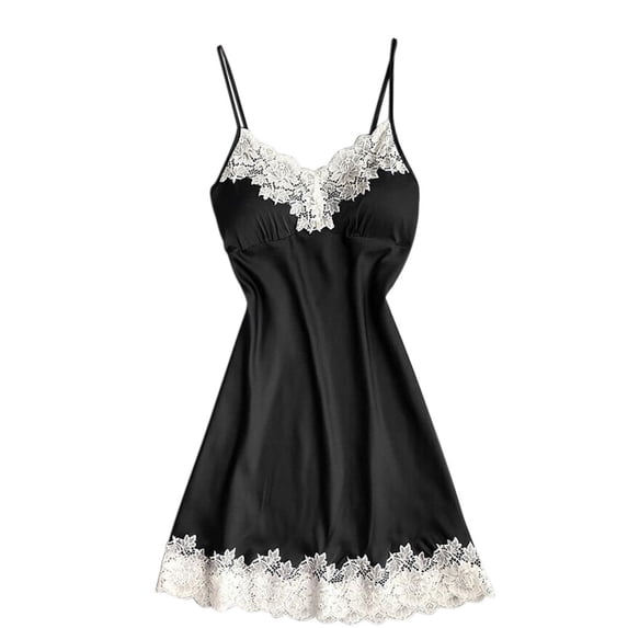 Koadzawe Women's Satin Nightgown V-Neck Slip Dress with Scalloped Lace Trim Sleeveless Spaghetti Strap Sleepwear Silk Feel Loungewear Elegant Nightwear Casual Sleep Dress Black L