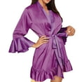 thumbnail image 1 of Koadzawe Women's Satin Robe with Ruffle Trim Wrap Sleepwear Soft Silky Loungewear with Tie Belt Lightweight Bathrobe Nightwear Spa Robe Elegant Bridal Party Nightwear Purple L, 1 of 9