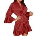 thumbnail image 1 of Koadzawe Women's Satin Robe with Ruffle Trim Wrap Sleepwear Soft Silky Loungewear with Tie Belt Lightweight Bathrobe Nightwear Spa Robe Elegant Bridal Party Nightwear Red 2XL, 1 of 9