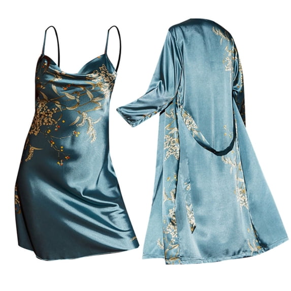 Koadzawe Women's Satin Sleepwear 2 Piece Robe and Nightgown Set Floral Print Silk Feel Loungewear Spaghetti Strap Sleep Dress with Matching Bathrobe Elegant Nightwear Green L