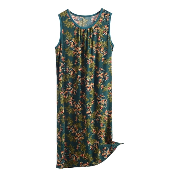 Koadzawe Women's Sleeveless Nightgown Floral Print Sleepwear Crew Neck Pleated Sleep Dress Soft Comfortable Midi Lounge Dress Casual House Dress Nightshirt for Summer JN 2XL