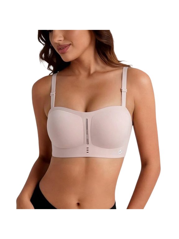 Women's Square Neck Bra Adjustable Thin Straps Seamless Molded Cups with Center Vent Longline Smooth Band Black Sleek Layer for Everyday Tops and Tees Beige L