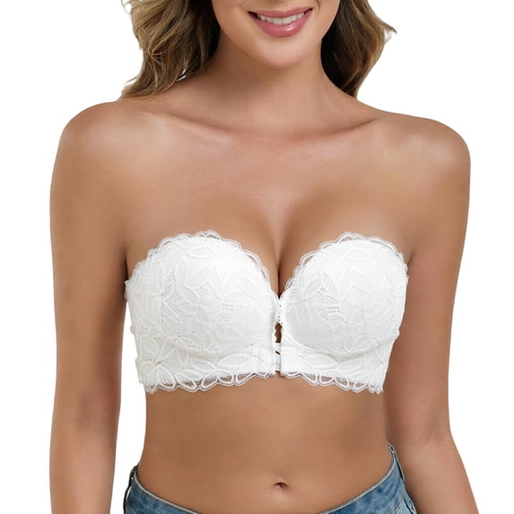 Koadzawe Women's Strapless Front Closure Bra, Lace Push Up Longline Bra with Padded Cups, Non Slip Support and Scalloped Underband for Dresses and Wedding Outfits White L