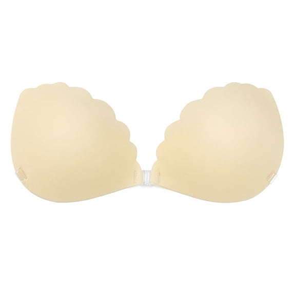 Koadzawe Women's Strapless Lace Adhesive Bra, Backless Stick On Push Up Bra with Front Clasp, Reusable Invisible Strapless Cups for Dresses, Wedding, Party and Daily Wear Beige A