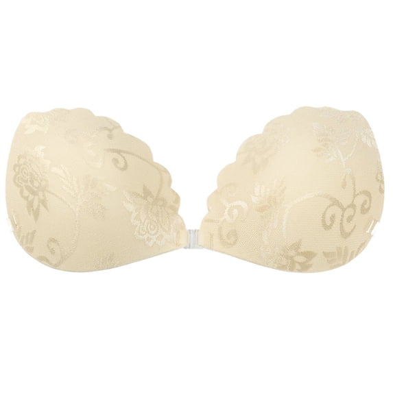 Koadzawe Women's Strapless Lace Adhesive Bra, Backless Stick On Push Up Bra with Front Clasp, Reusable Invisible Strapless Cups for Dresses, Wedding, Party and Daily Wear Khaki B